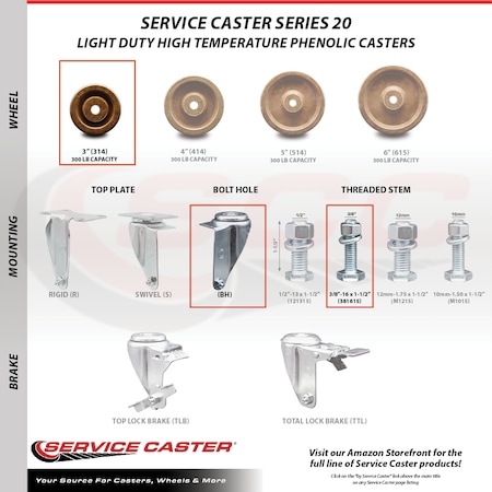 Service Caster 3 Inch High Temp Phenolic Wheel Swivel 3/8 Inch Threaded Stem Caster SCC SCC-TS20S314-PHSHT-381615